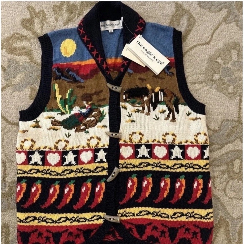 NWT VTG 90s Western Desert Scene Horse cowboy Eagles‎ Eye Sweater Vest Knit Med